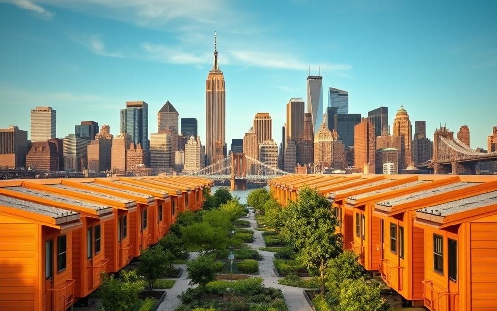 A bustling city skyline with a foreground of compact, modular homes in warm hues, thoughtfully designed to maximize living space and affordability. The mid-ground features lush greenery and pedestrian-friendly pathways, creating a sense of community. In the background, towering skyscrapers and bridges hint at the dynamic, urban landscape of New York City. The scene is bathed in soft, natural lighting, conveying a harmonious, livable atmosphere. The overall composition highlights the integration of practical, cost-effective housing solutions within the vibrant tapestry of the city.