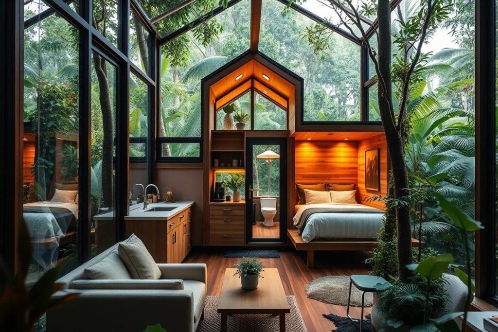 A cozy and modern tiny home nestled amidst the lush, verdant foliage of the Amazon rainforest. The tinyamazonhomes design features floor-to-ceiling windows that flood the interior with natural light, giving the illusion of a seamless blend between indoor and outdoor spaces. A compact but efficiently designed kitchen and living area occupy the foreground, while the rear of the home showcases a compact bedroom and bathroom. Elegant wood accents and neutral tones create a warm, inviting atmosphere, while the mid-ground highlights the home's ingenious storage solutions that maximize the minimal square footage. In the background, the dense Amazon canopy provides a picturesque natural backdrop, evoking a sense of tranquility and seclusion.