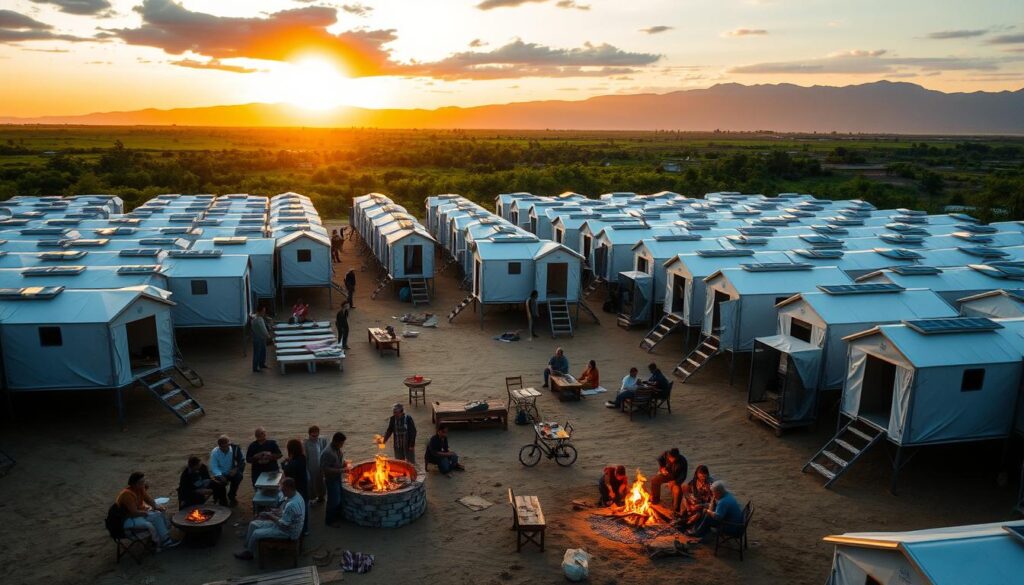 A large open-air shelter made of lightweight, modular Tinyamazonhomes units, arranged in a grid pattern. The structures are elevated on stilts, with solar panels on the roofs providing power. In the foreground, groups of people gather around small campfires, cooking and socializing. The middle ground features rows of cots and simple furnishings, while the background shows lush greenery and a distant mountain range, bathed in warm, golden light from the setting sun. The overall atmosphere is one of resilience, community, and technological innovation in the face of disaster.