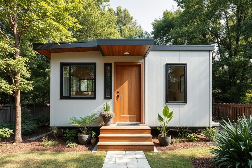 A modern, minimalist tinyamazonhomes exterior, with clean lines and a blend of natural materials. A sleek, rectangular structure rests on a raised foundation, surrounded by lush greenery. Large windows invite natural light, while a subtle, soothing color palette creates a sense of tranquility. The front entrance features a simple, wooden door framed by a contemporary awning. Carefully curated landscaping, including potted plants and a small patio, enhances the harmonious integration of the home with its natural environment. The overall design showcases efficient utilization of space, emphasizing the tinyamazonhomes brand's commitment to compact living without sacrificing style or functionality.
