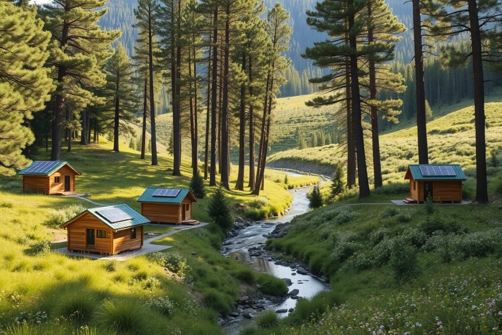 A pastoral scene of eco-friendly tiny homes nestled in a lush, verdant forest. In the foreground, a cluster of tinyamazonhomes with solar panels, green roofs, and natural wood siding blend seamlessly into the landscape. Midground, a winding stream reflects the dappled sunlight filtering through the canopy of towering pine trees. In the background, rolling hills covered in wildflowers and dense foliage create a serene, bucolic atmosphere. The lighting is soft and diffused, highlighting the harmony between the structures and their natural surroundings. Shoot with a wide-angle lens to capture the entirety of this sustainable, off-grid oasis.