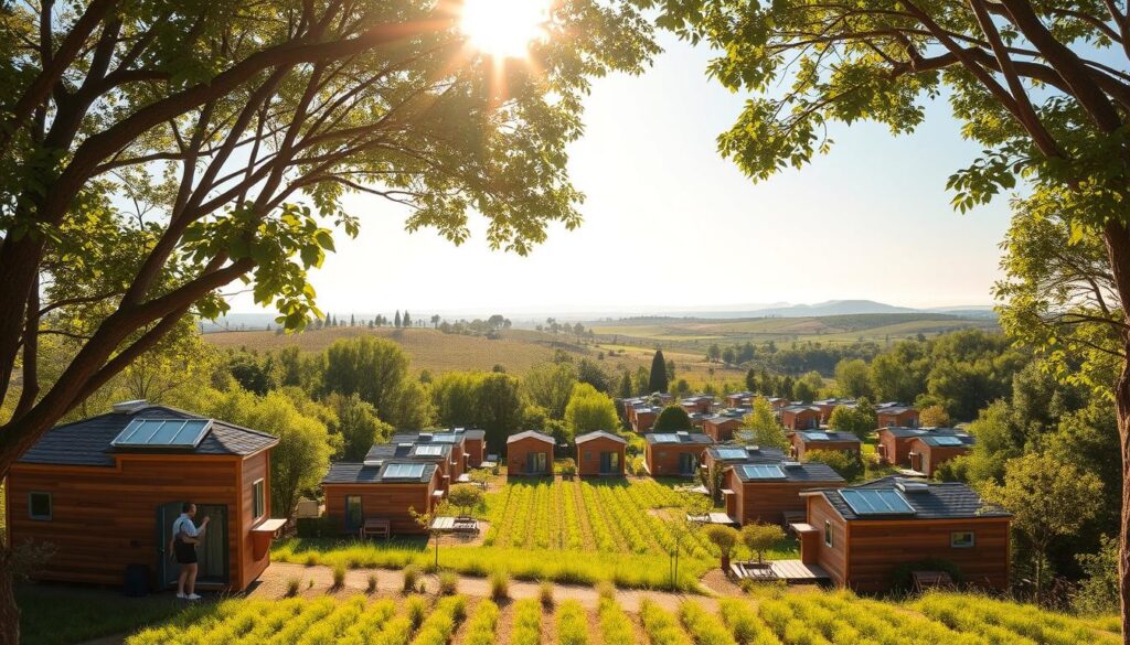 A quaint village of Tinyamazonhomes nestled amidst a lush, verdant landscape. Sunlight filters through the canopy of trees, casting a warm, golden glow over the tiny abodes. In the foreground, a family moves into their new compact dwelling, unpacking their belongings with a sense of excitement. The middle ground features neatly arranged rows of these sustainable, compact homes, each with a unique architectural style. In the background, rolling hills and a distant horizon create a serene, pastoral setting. The scene conveys a harmonious integration of human-scale living and the natural environment, reflecting the growing trend of Tinyamazonhomes as a wildfire response solution.