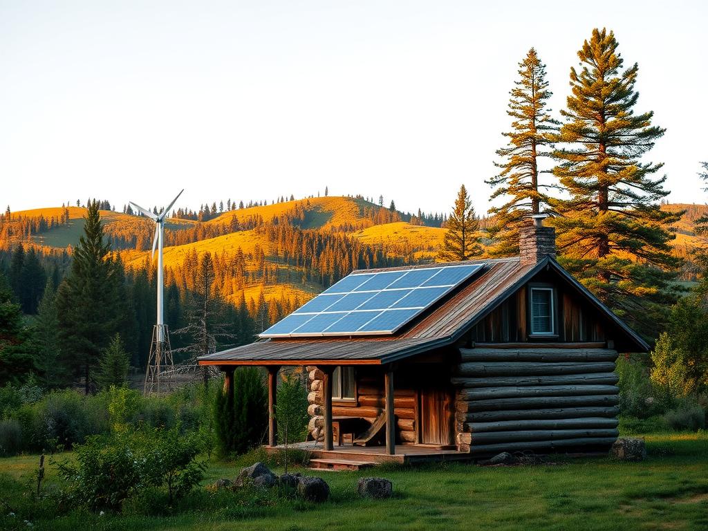A rustic, off-grid cabin nestled in a lush, forested landscape. In the foreground, a weathered wooden structure with solar panels on the roof, surrounded by a well-tended garden. The middle ground features a small wind turbine generating clean energy, while in the background, rolling hills dotted with towering pine trees create a serene, natural backdrop. Soft, warm lighting bathes the scene, creating a cozy and inviting atmosphere. The image conveys the harmony between sustainable technology and the beauty of the great outdoors, showcasing the joys of self-sufficient, off-grid living.