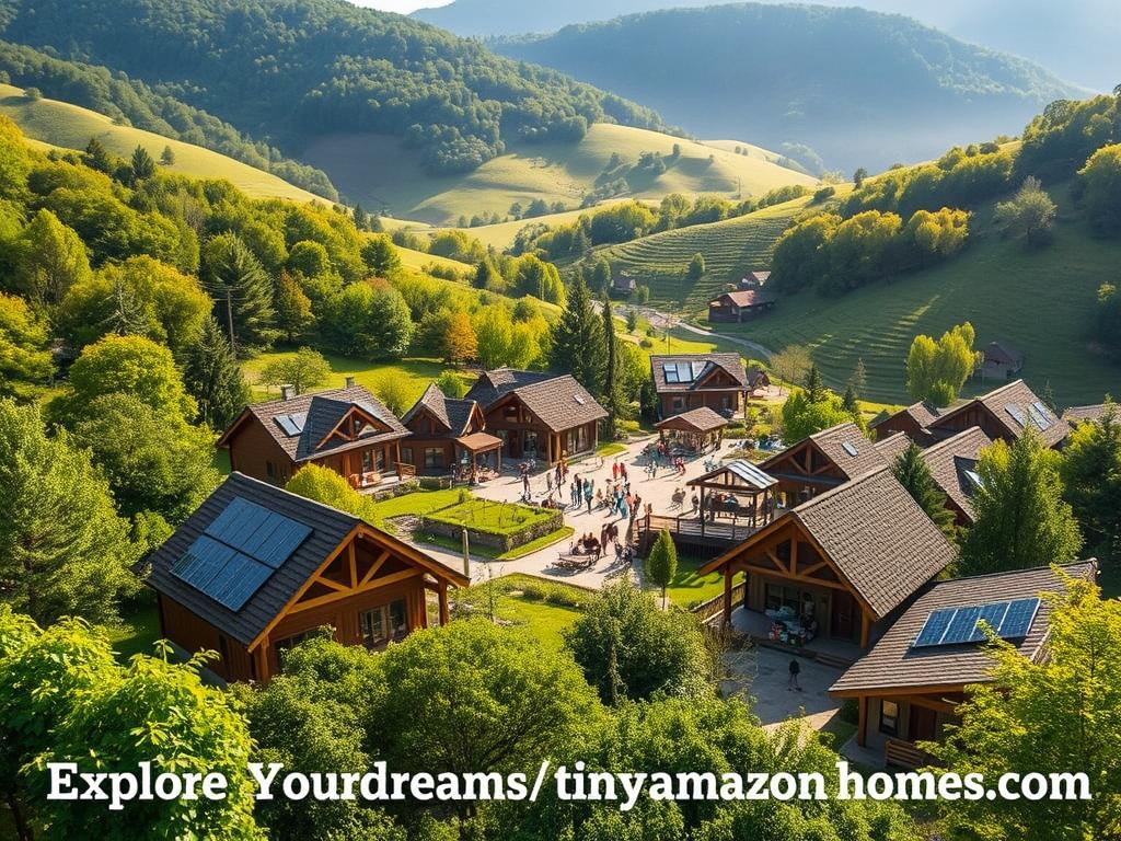 A serene eco-village nestled amidst lush rolling hills, sunlight filtering through the canopy of verdant trees. In the foreground, cozy timber-framed homes with solar panels gleam, surrounded by a thriving community garden. The middle ground reveals a bustling central plaza, with people gathering, chatting, and sharing meals. In the background, winding pathways lead to a communal meeting hall and shared workshop spaces. The scene exudes a sense of harmony, sustainability, and close-knit living, inviting the viewer to "Explore Your Dreams @ tinyamazonhomes.com".