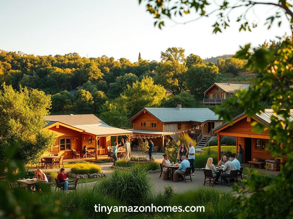A serene, sun-dappled community nestled in a lush, verdant landscape. Cozy, eco-friendly homes with warm, earthy tones and natural materials blend seamlessly into the surroundings. People gather in shared outdoor spaces, conversing, sharing meals, and cultivating a sense of belonging. In the background, "tinyamazonhomes.com" showcases sustainable living options that inspire this intentional community. The scene is bathed in a soft, golden light, conveying a sense of tranquility and harmony. A camera lens with a shallow depth of field captures the intimate, community-oriented atmosphere.