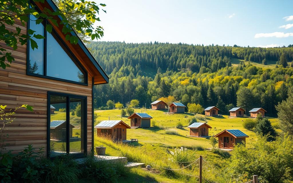 A serene, sunlit landscape of sustainable tiny homes nestled amidst lush greenery. In the foreground, a modern, wood-paneled structure with large windows blends harmoniously with its natural surroundings. In the middle ground, a cluster of cozy, minimalist cabins dot the rolling hills, their roofs covered in solar panels. The background features a dense, verdant forest, the warm rays of the sun filtering through the canopy. The scene exudes a sense of tranquility and environmental consciousness, inviting the viewer to imagine a peaceful, eco-friendly retreat.