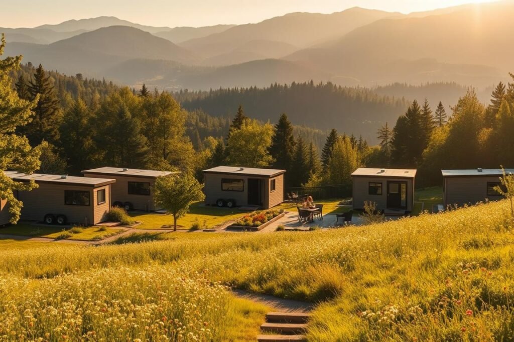 A warm, sun-dappled scene of a cluster of affordable tiny homes nestled in a lush, forested landscape. The tinyamazonhomes are sleek, modern structures with clean lines and large windows, blending harmoniously with the natural surroundings. In the foreground, a quaint path winds through a wildflower meadow, inviting exploration. The middle ground features a communal garden and outdoor seating area, where residents gather. The background showcases rolling hills and a distant mountain range, creating a serene, picturesque atmosphere. The lighting is soft and diffused, casting a golden glow over the entire scene. The overall mood is one of tranquility, sustainability, and community.