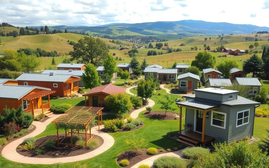 A warm, sun-dappled tiny home community nestled in a lush, verdant landscape. Modest, eco-friendly dwellings adorned with vibrant trellises and inviting porches. Winding pathways meander through neatly landscaped gardens, connecting the homes in a cohesive, welcoming arrangement. In the foreground, a tinyamazonhomes model stands proud, its sleek, sustainable design complementing the natural surroundings. The middle ground features a shared community hub, a hub of activity with residents gathered, engaged in lively discussions. In the distance, rolling hills and a cloudless sky create a serene, peaceful atmosphere, conveying a sense of tranquility and community.