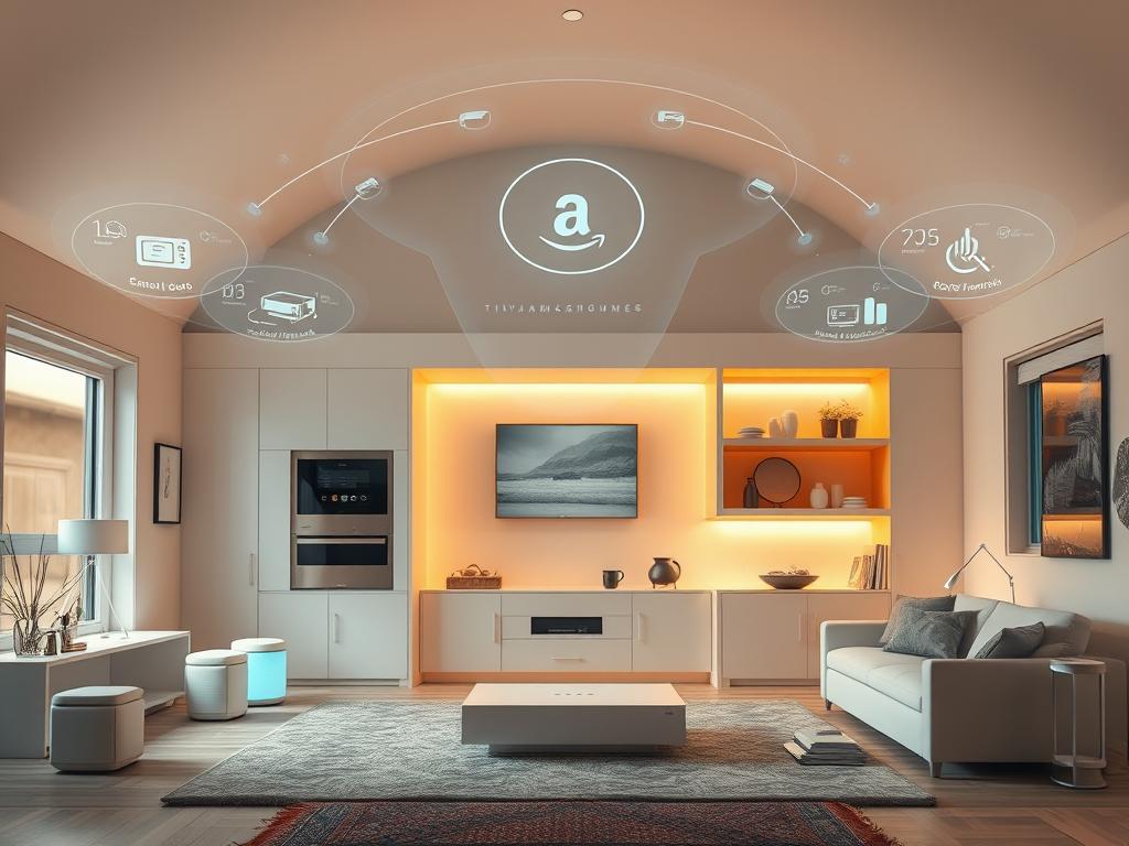 An interconnected landscape of sleek smart devices, seamlessly integrated to power the tinyamazonhomes ecosystem. A stylish, minimalist interior bathed in warm, ambient lighting, showcasing a central smart hub controlling a network of IoT sensors and appliances. Holographic interfaces hover above, illustrating real-time data and automation features. Subtle hints of the tinyamazonhomes brand identity subtly woven throughout, creating a cohesive, high-tech vision for effortless home integration.