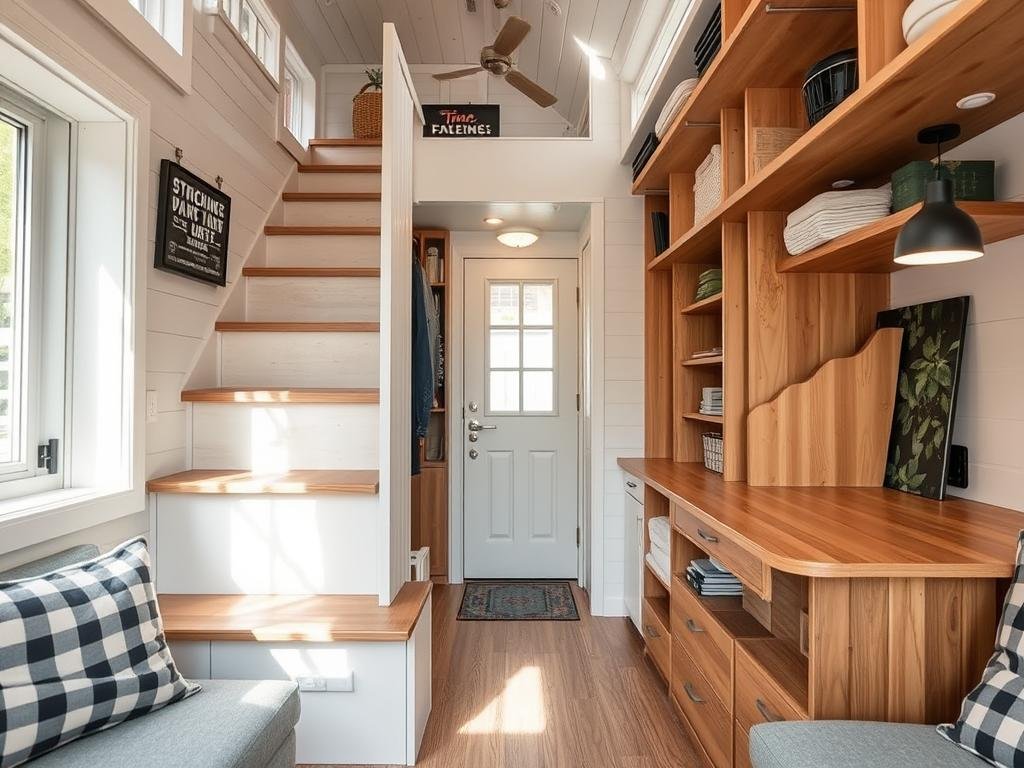 Clever storage solutions in a tiny home interior Clever storage solutions in a tiny home interior