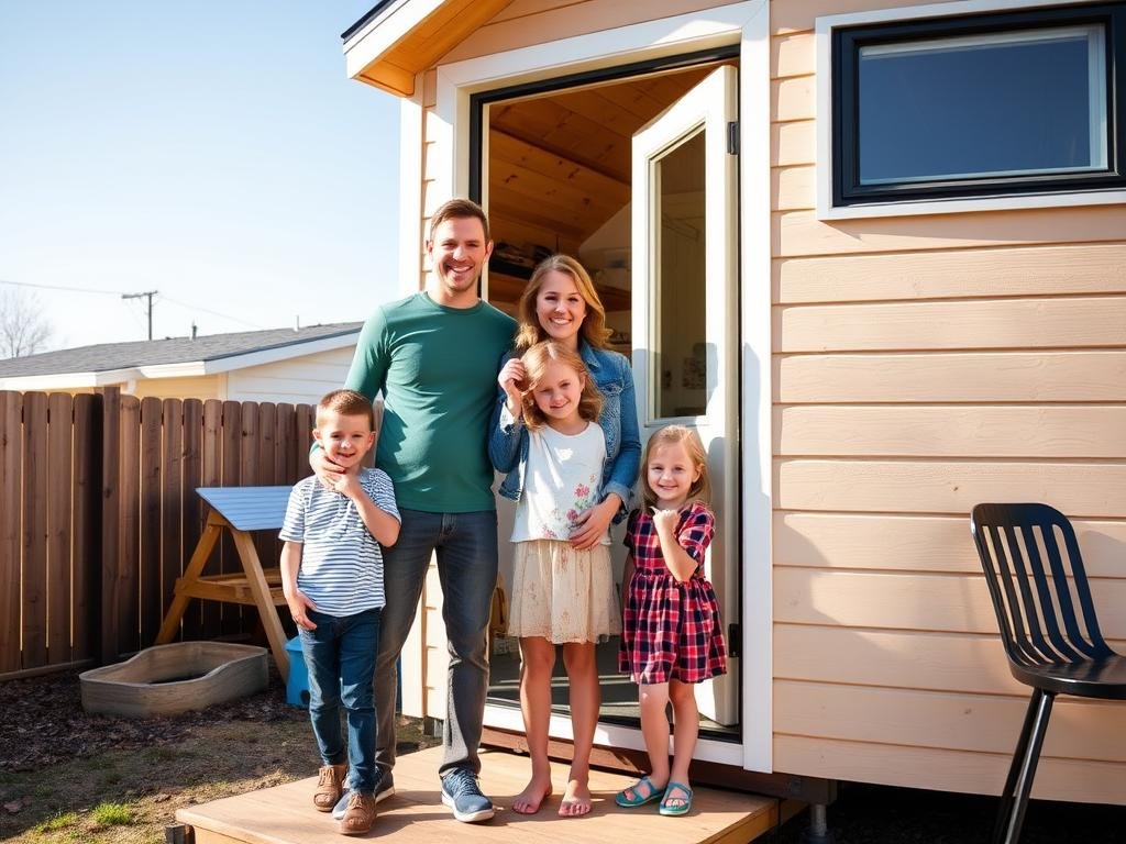 Family of four outside their tiny home Family of four outside their tiny home