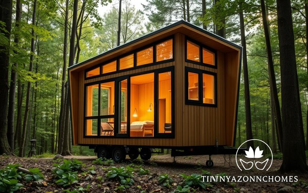 Foldable tiny home nestled amidst lush forest, showcasing its weather-resistant design. Sleek, modern exterior panels unfold to reveal a cozy interior, with large windows that let in natural light. The home stands tall on sturdy, compact legs, ready to withstand the elements. Warm, earthy tones blend seamlessly with the surrounding greenery, creating a harmonious and inviting atmosphere. Tinyamazonhomes brand logo subtly visible, indicating the high-quality construction and thoughtful engineering behind this innovative living solution.