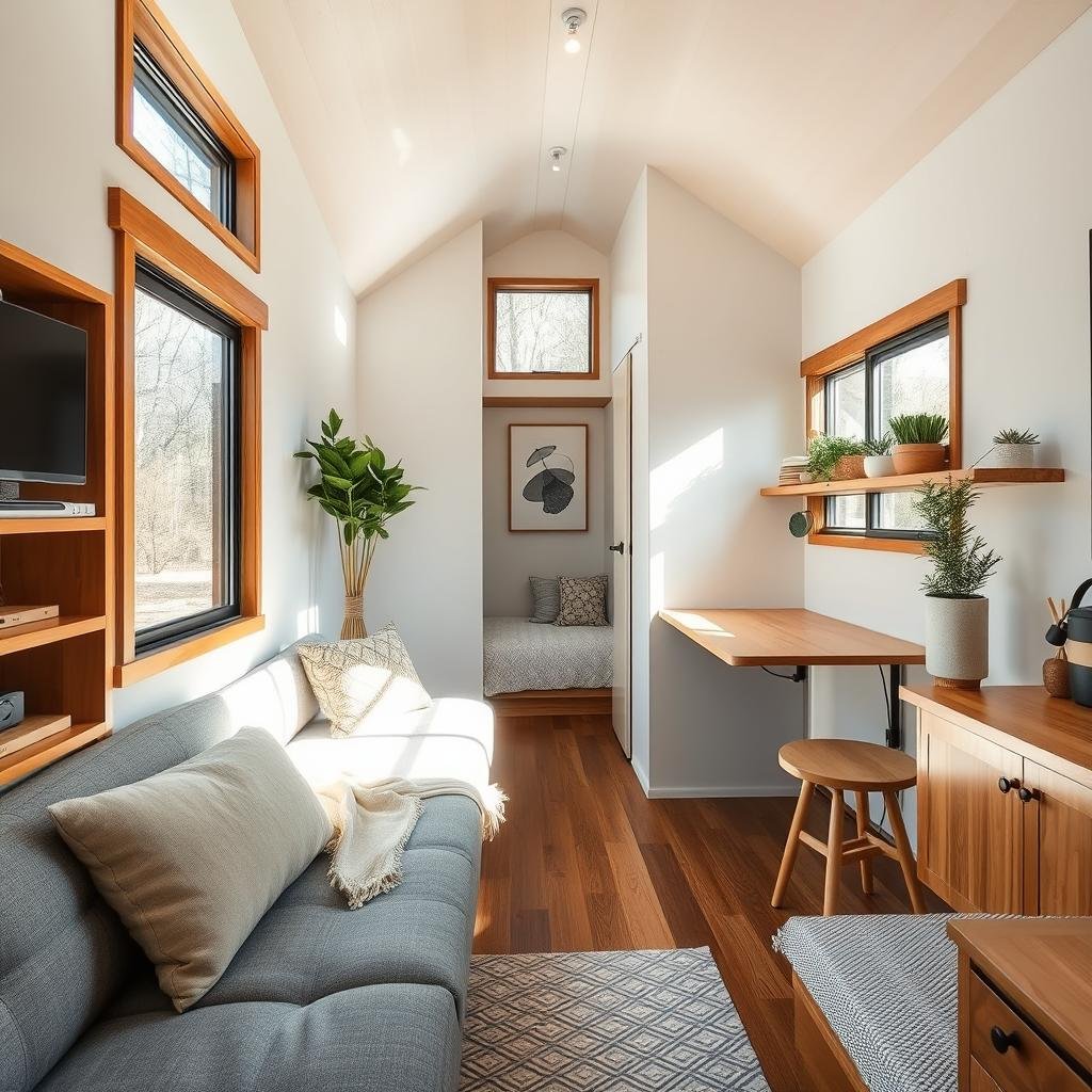 Minimalist tiny home interior with multi-functional furniture Minimalist tiny home interior with multi-functional furniture
