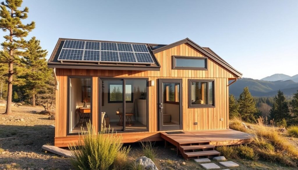 Modern tiny home with large windows and sustainable features