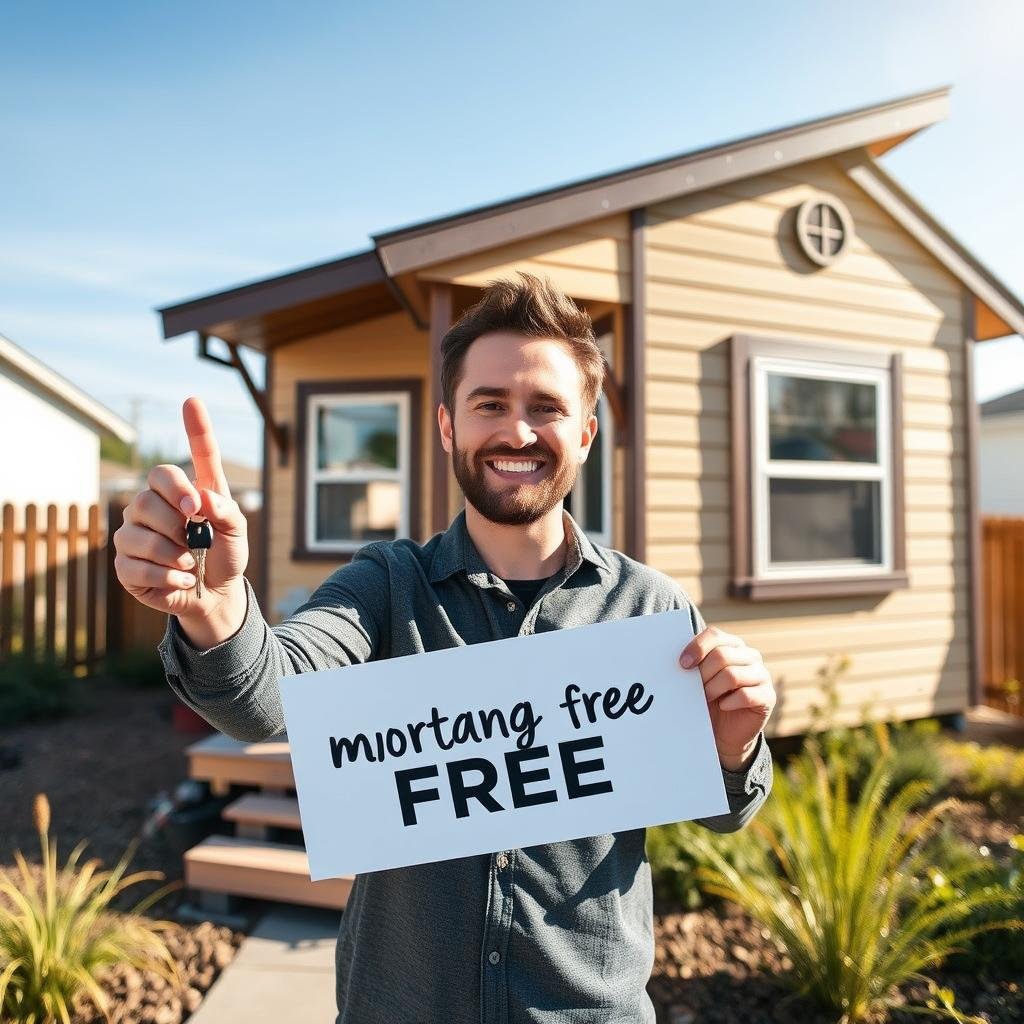 Person celebrating financial freedom with tiny home Person celebrating financial freedom with tiny home