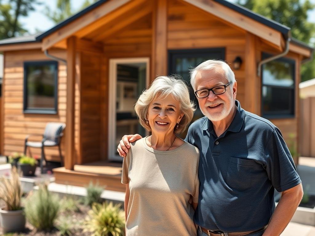 Retired couple standing in front of their tiny home Retired couple standing in front of their tiny home