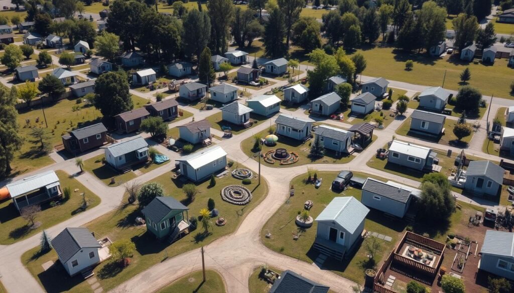 Tiny home community with shared outdoor spaces Tiny home community with shared outdoor spaces