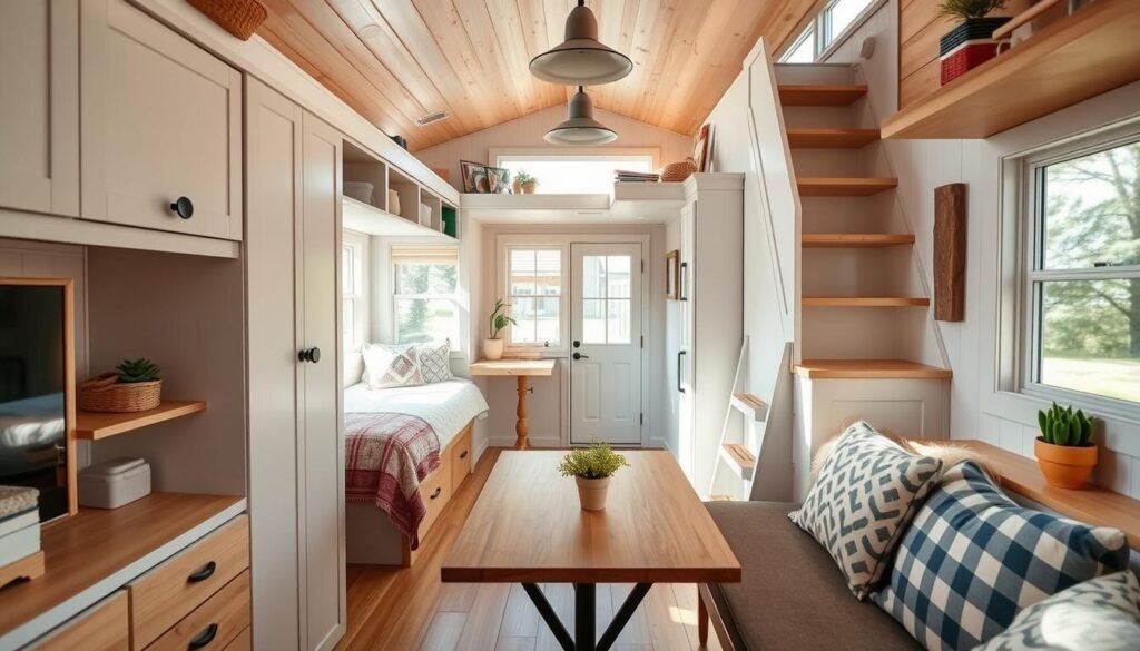 Tiny home interior showcasing multi-functional furniture and storage solutions Tiny home interior showcasing multi-functional furniture and storage solutions