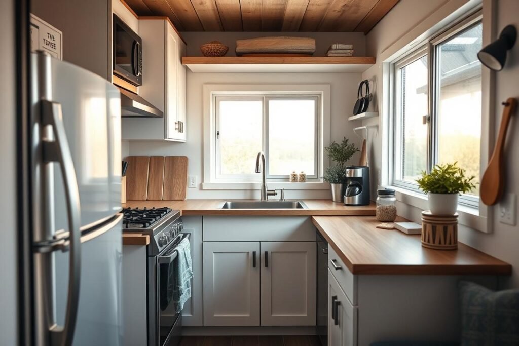 Tiny home kitchen with space-saving appliances and storage Tiny home kitchen with space-saving appliances and storage