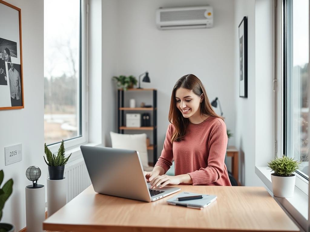 Young professional working from her tiny home office space Young professional working from her tiny home office space