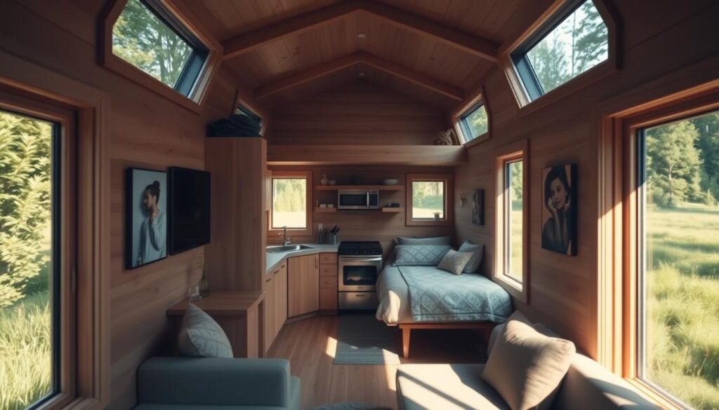 A cozy, minimalist tiny home nestled in a serene, natural setting. Soft, warm lighting illuminates the compact yet efficient interior, featuring clean lines, natural wood accents, and multifunctional furniture. Large windows in the foreground allow ample natural light to flood the space, creating a sense of openness and connection to the lush, green landscape beyond. The middle ground showcases a compact kitchen with sleek appliances, while the background reveals a cozy sleeping nook, hinting at the efficient use of space. An overall atmosphere of simplicity, tranquility, and a celebration of purposeful living.