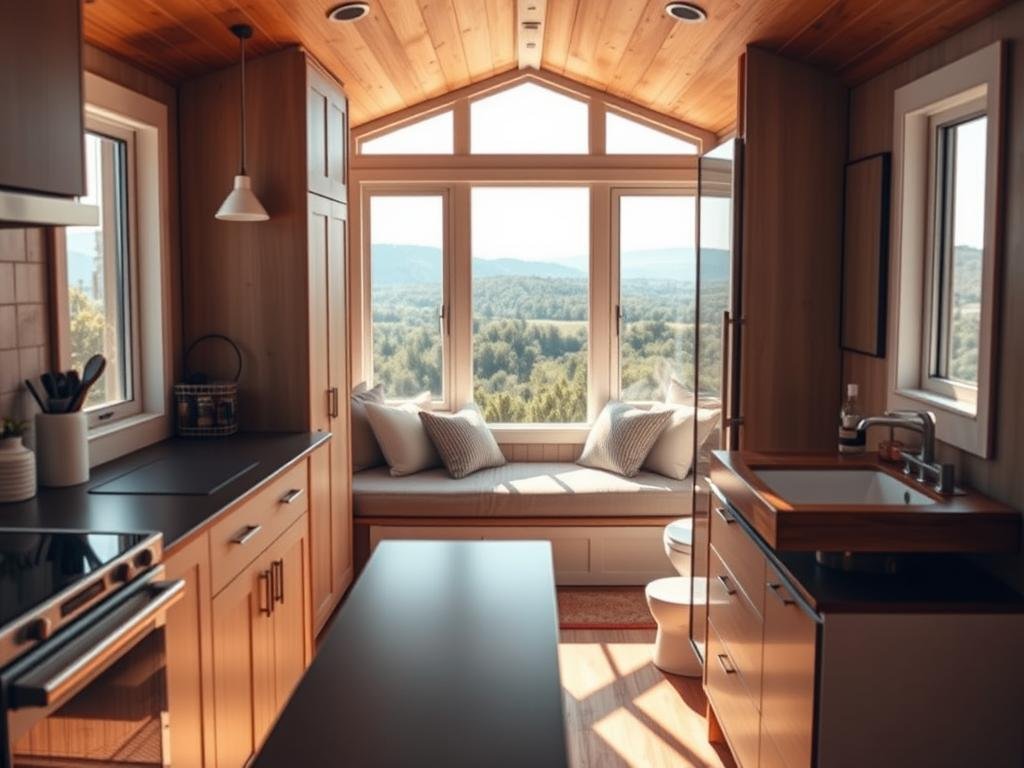 A cozy, sun-drenched interior of a meticulously designed tiny home, showcasing the practical considerations of minimalist living. In the foreground, a neatly organized kitchen with sleek, space-saving appliances and custom cabinetry. Midground, a comfy reading nook with plush pillows and a large window, offering panoramic views of a lush, natural landscape. In the background, a compact but efficient bathroom with a modern, space-saving vanity and a rainfall showerhead. Warm, natural lighting filters through the windows, creating a serene and inviting atmosphere. The overall scene conveys the harmonious balance between functionality, aesthetics, and the close connection to the outdoors that defines the tiny home lifestyle.