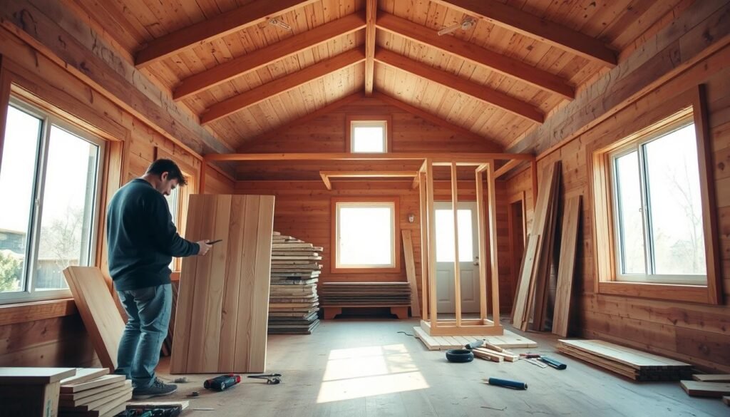 A sunny, well-lit interior of a cozy, partially assembled DIY tiny home. The foreground features a person intently constructing wooden panels, tools scattered around. In the middle ground, neatly stacked building materials and a partially assembled frame stand ready. The background showcases a spacious, airy room with large windows, letting in natural light and providing a serene, rustic atmosphere. The scene conveys a sense of focused, hands-on work, with the tiny home gradually taking shape. Soft, warm lighting and a sense of calm productivity permeate the image.