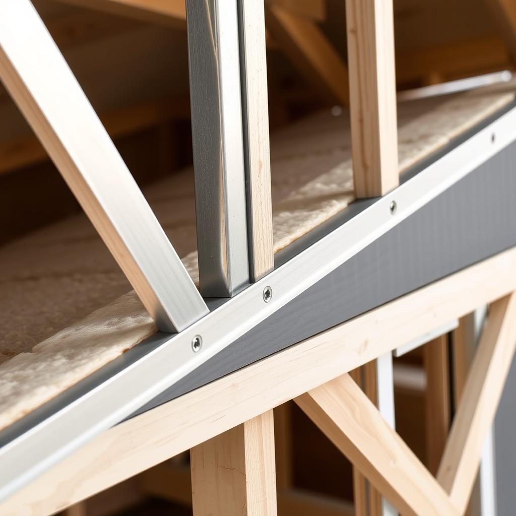 Close-up of tiny home construction materials showing steel frame and insulation