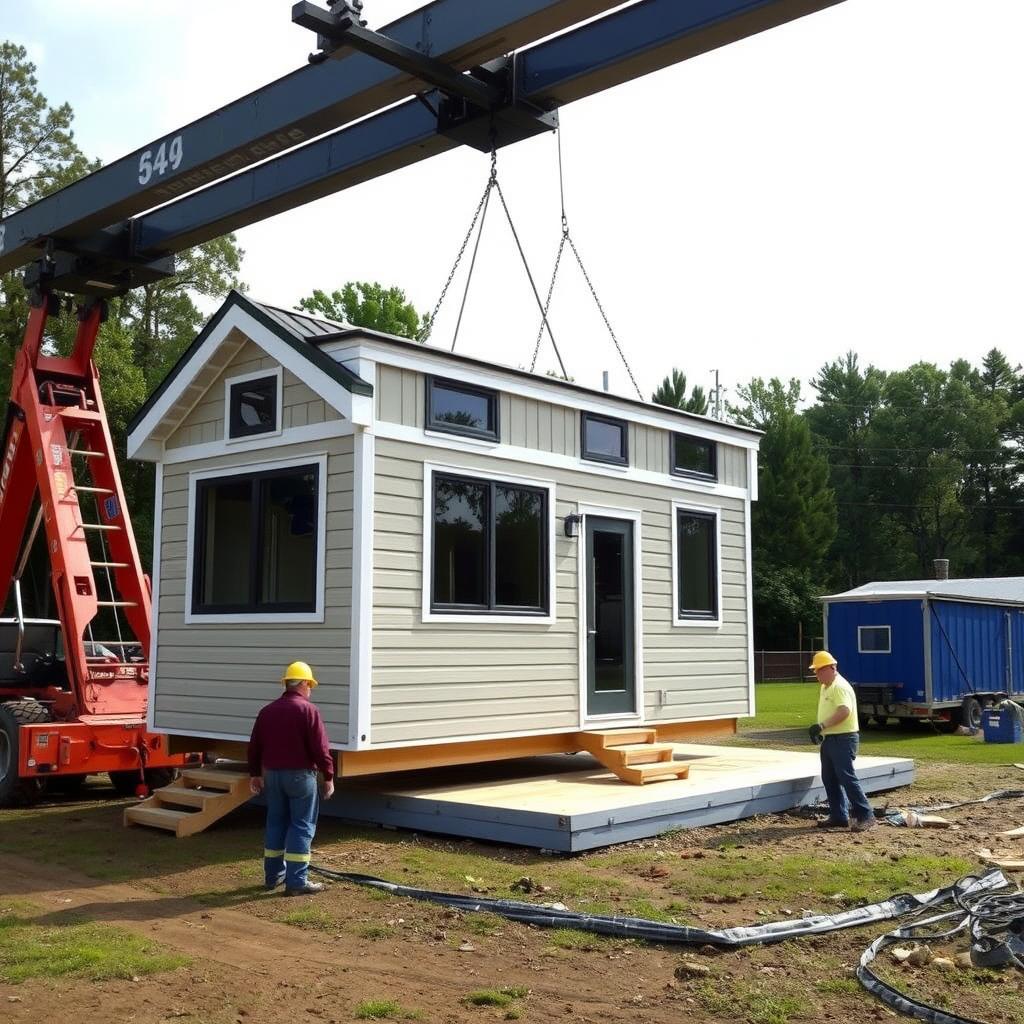 Delivery of a prefabricated tiny home being placed on a prepared foundation