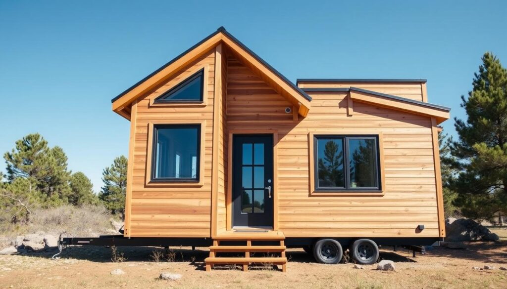 Modern prefab tiny home from Amazon with wooden exterior and large windows