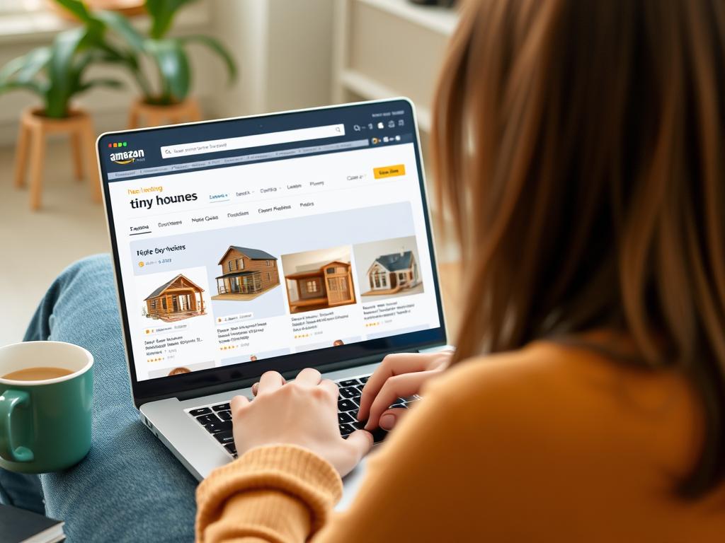Person shopping for tiny homes on Amazon website on laptop